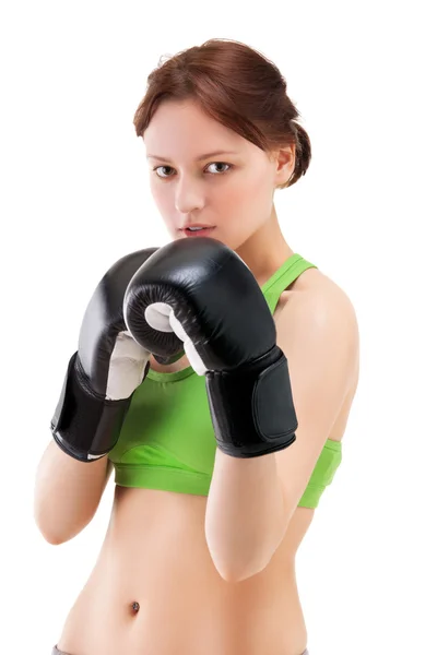 戴拳击手套的年轻女子 — 图库照片