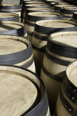 Rows of new barrels for stocking wine clipart