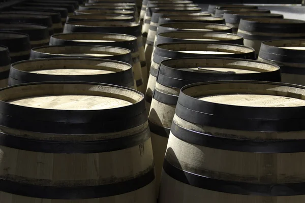 Rangées de barriques neuves pour le stockage du vin — Photo