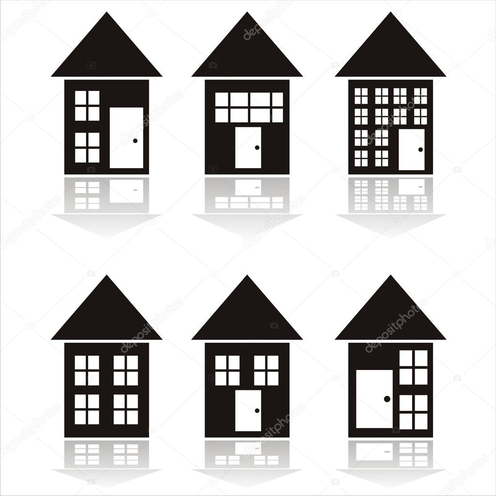 Set of 6 black buildings icons