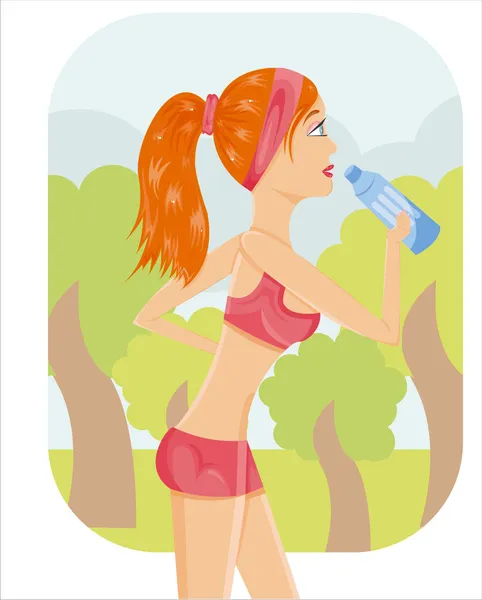 Deportiva chica beber agua — Vector de stock
