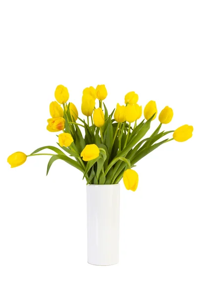 Gele Tulpen Witte Vaas Één Tulip Legt Aparte Tegenover Vaas — Stockfoto