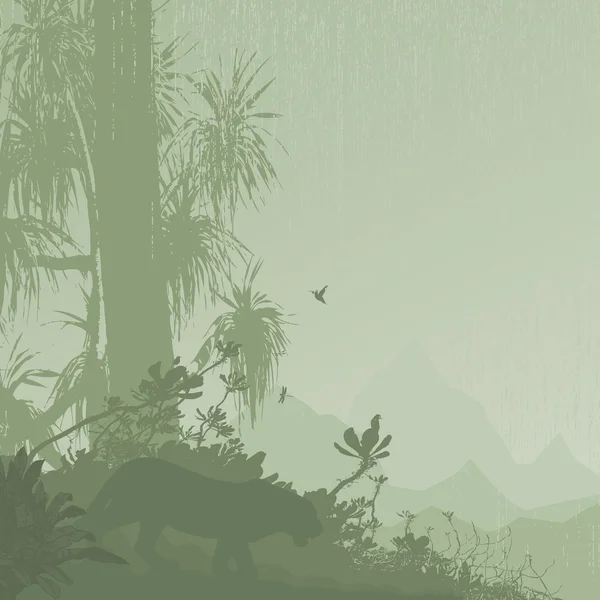 Jungle Tree Tropic Rain Mountain Background — Stock Vector