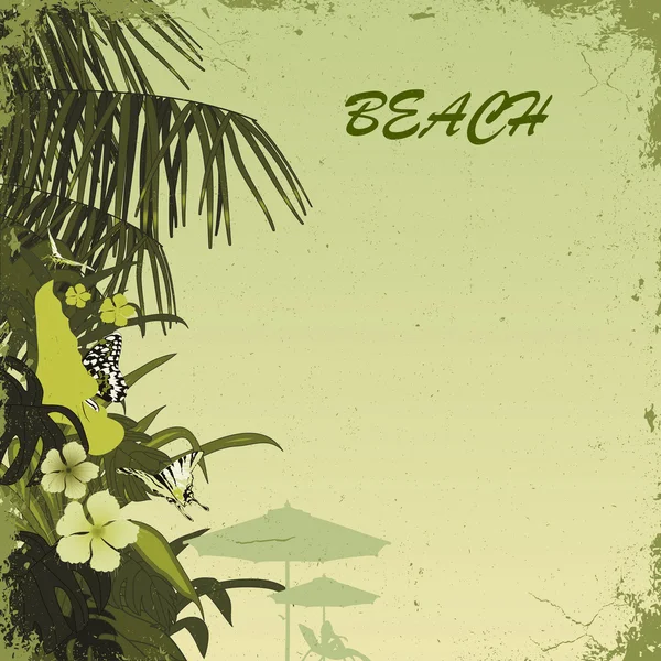 Grunge 热带海滩棕榈树上的绿色背景 — 图库矢量图片