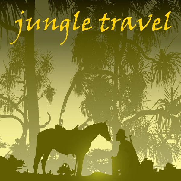 Ζούγκλα Tropic Άτομο Δέντρων Και Άλογο Στο Παρασκήνιο — Διανυσματικό Αρχείο