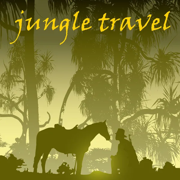 Jungle Arbre Tropique Homme Cheval Sur Fond — Image vectorielle