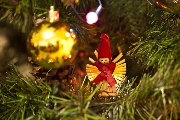 Traditional Christmas Tree Straw Decorations Poland Lit Christmas Tree Lights — Stock Photo, Image