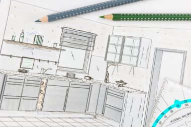 Plan scribble of a modern fitted kitchen clipart