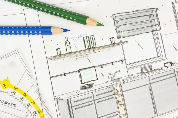 Plan Krabbel van een moderne inbouwkeuken — Stockfoto