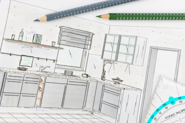 Planeje rabiscos de uma cozinha moderna equipada — Fotografia de Stock