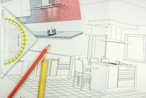 stock image Plan scribble of a modern fitted kitchen