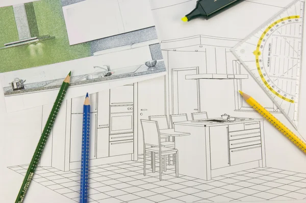 Plan scribble of a modern fitted kitchen — Stock Photo, Image