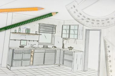 Plan scribble of a modern fitted kitchen clipart