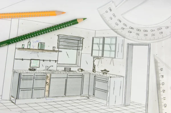 stock image Plan scribble of a modern fitted kitchen