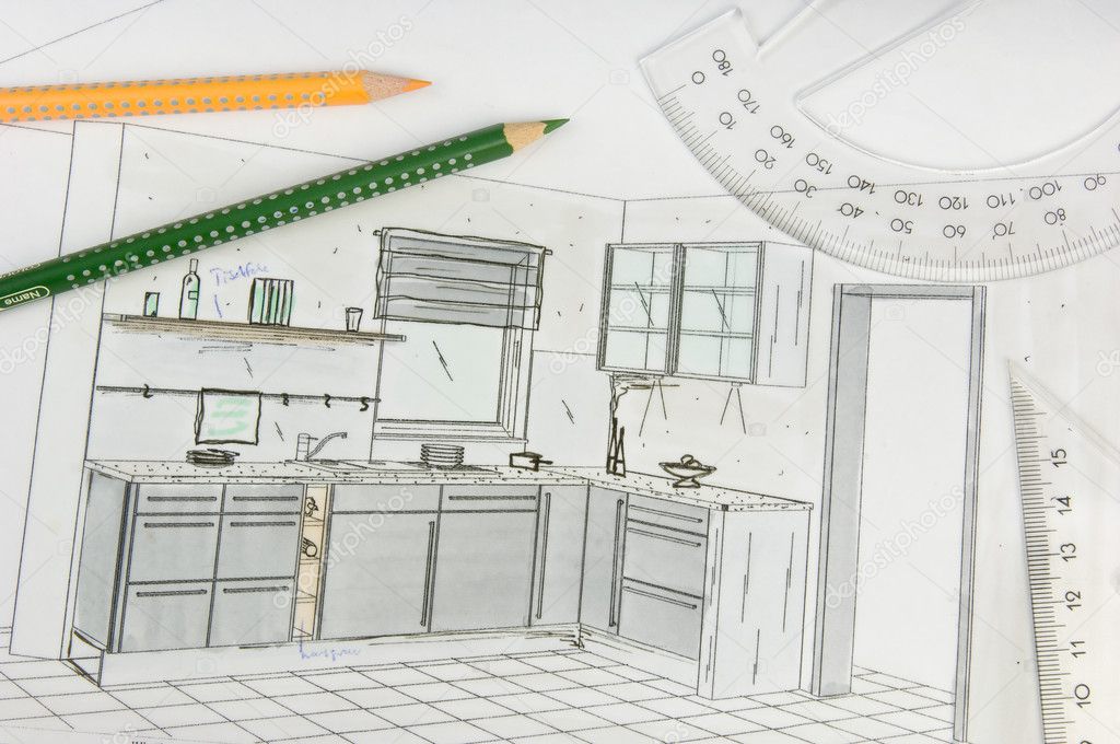Plan scribble of a modern fitted kitchen
