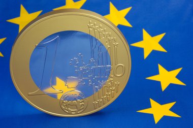 Euro coin on a european flag