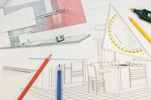 Plan Krabbel van een moderne inbouwkeuken — Stockfoto