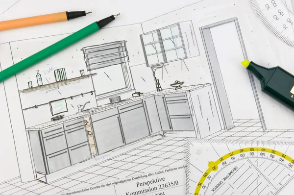 Planeje rabiscos de uma cozinha moderna equipada — Fotografia de Stock