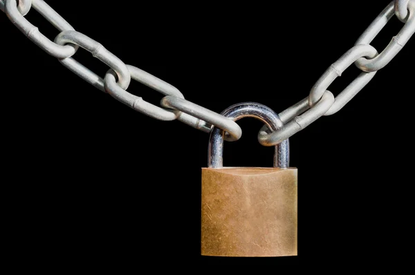 stock image Brass padlock and chain on black