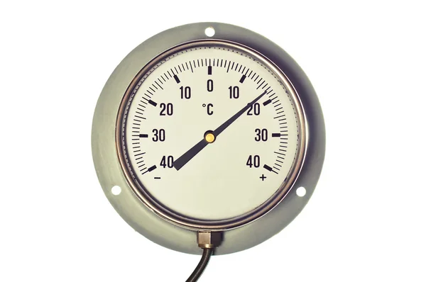 Silver White Ronde Industriële Celsius Thermometer Geïsoleerd Een Witte Achtergrond — Stockfoto