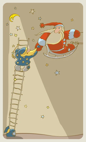 两个圣诞老人在繁星点点的天空 — 图库矢量图片