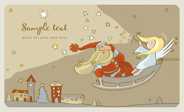 圣诞老人和一个骑雪橇的天使明信片 — 图库矢量图片