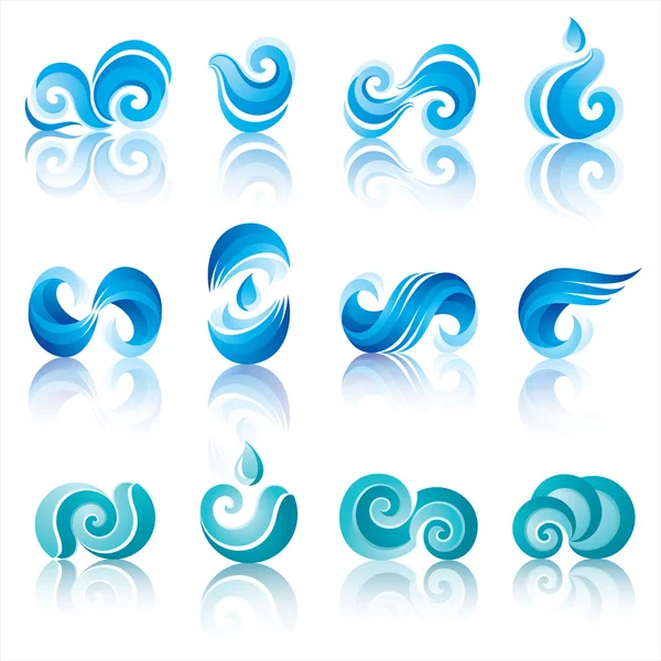 Wave and water icons with reflection — Stock Vector