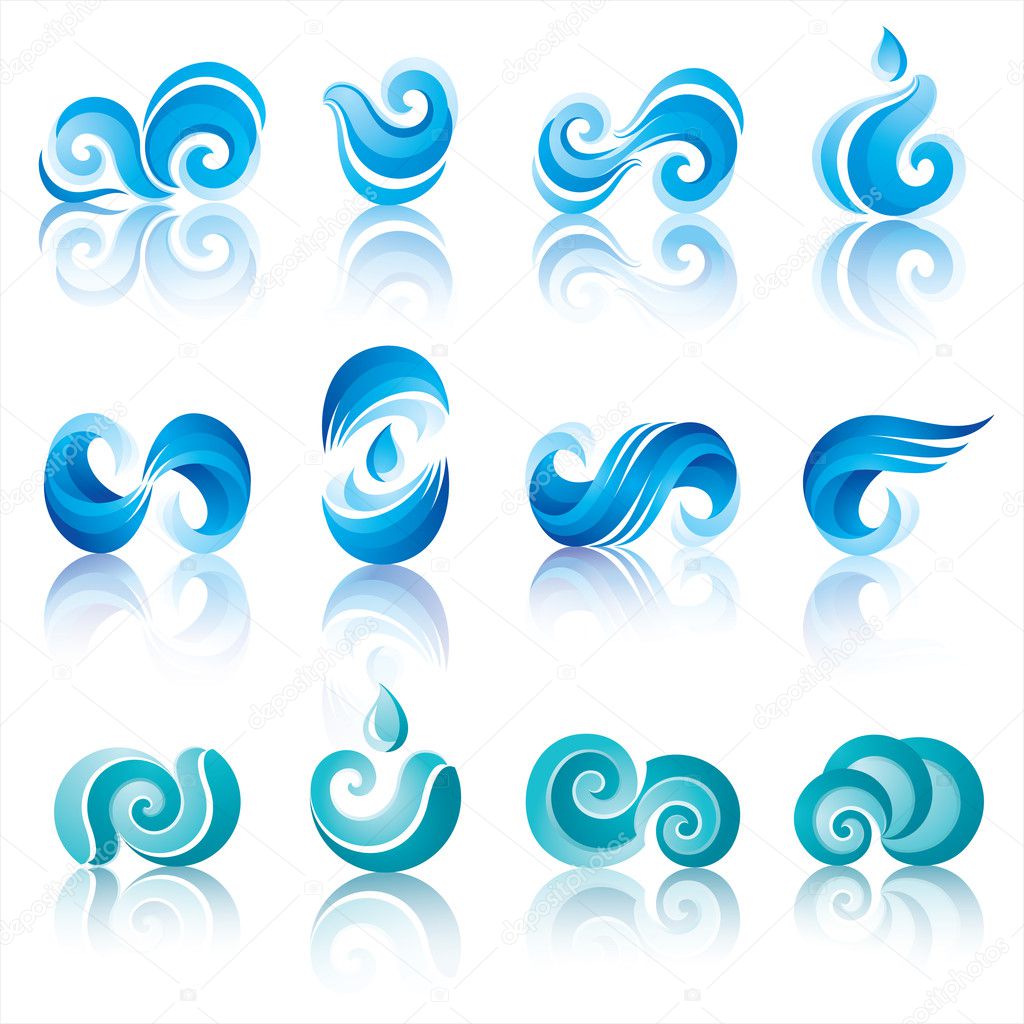 Wave and water icons with reflection