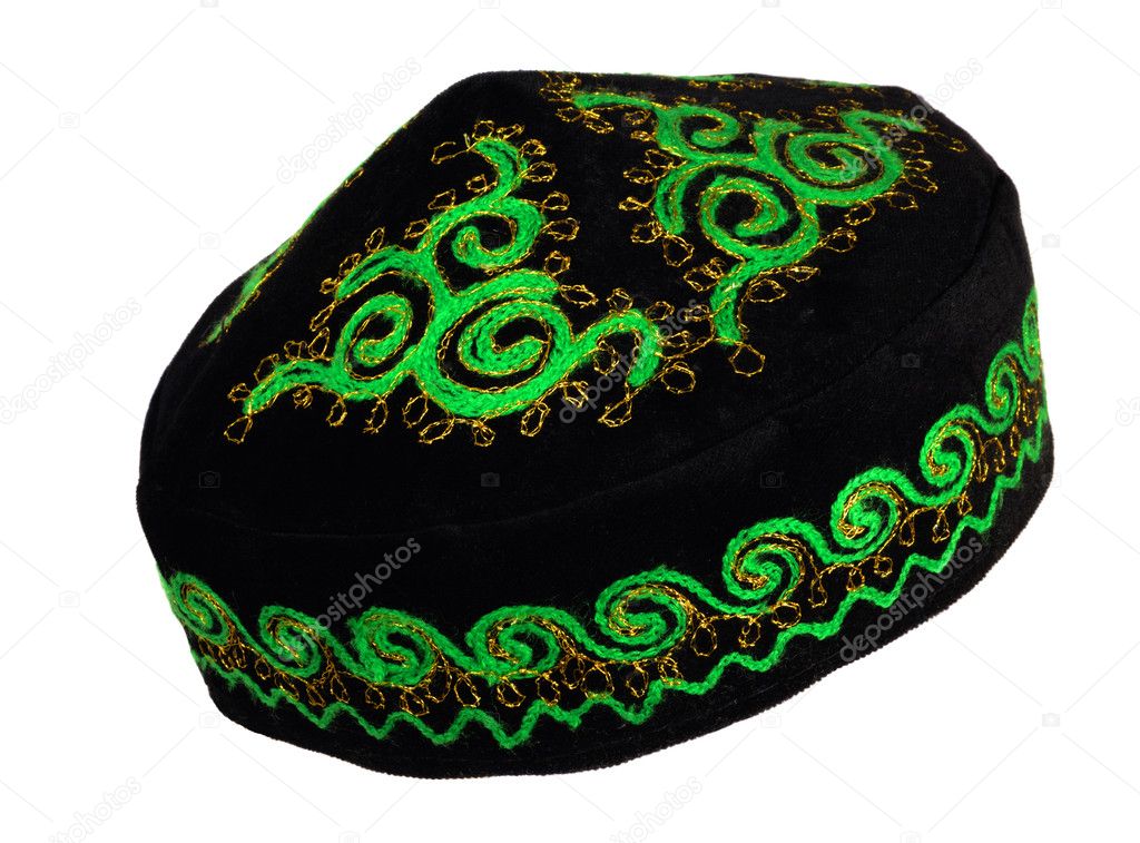 Tubeteika ( Skullcap ) - a popular headgear in the countries of Central Asia. On photo - Mongolian skullcap. Green and gold embroidery symbolizes prosperity and