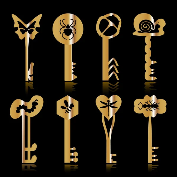 Gold keys with the image of insects — Stock Vector