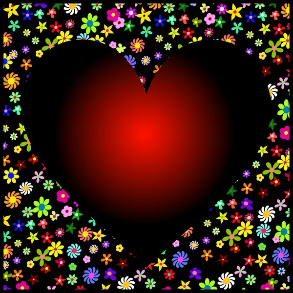 Renkli çiçek çerçeve ile derin siyah ve kırmızı kalp — Stok Vektör