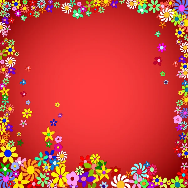 Rahmen aus bunten Blumen auf rotem Hintergrund — Stockvektor