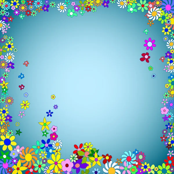 Πλαίσιο των ζωηρόχρωμων λουλουδιών σε μπλε φόντο — Διανυσματικό Αρχείο