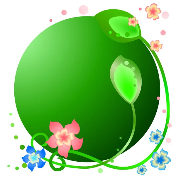 Άνοιξη γύρο πράσινο πλαίσιο με λουλούδια και φύλλα — Διανυσματικό Αρχείο