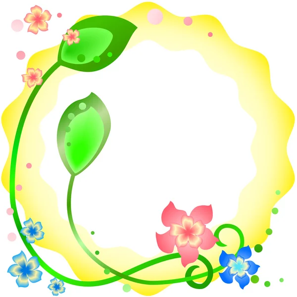 Golvende gele voorjaar frame met bloemen en bladeren — Stockvector