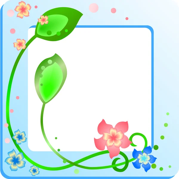 Blauer quadratischer Frühlingsrahmen mit Blumen und Blättern — Stockvektor
