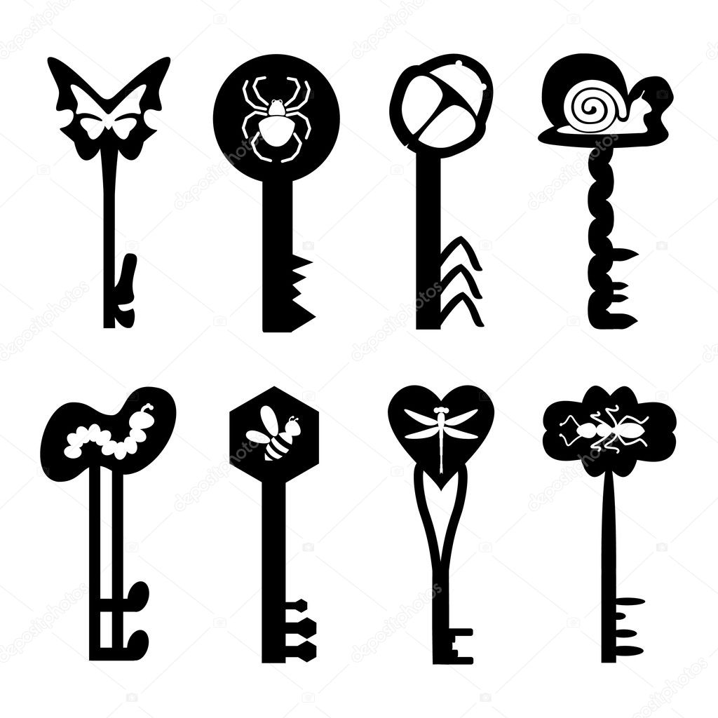 Many silhouettes of keys with the image of insects
