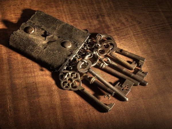 Oude keyring en sleutels — Stockfoto