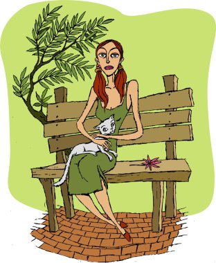 Girl and cat,sitting on a bench clipart