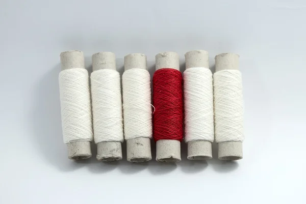 Several Reels White Red One Threads Row Gray Background — Stock Photo, Image