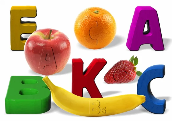 Vitaminas e frutas — Fotografia de Stock