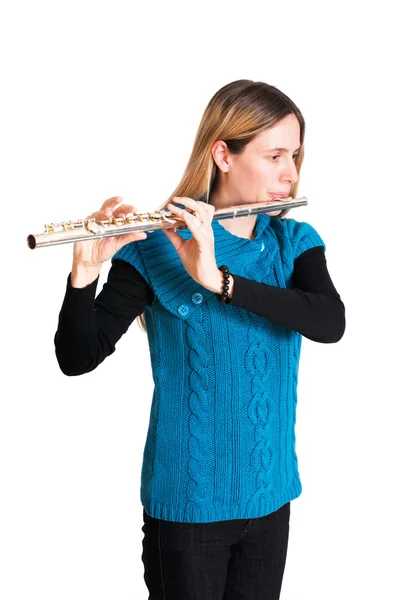 Woman playing transverse flute — Stock Photo, Image