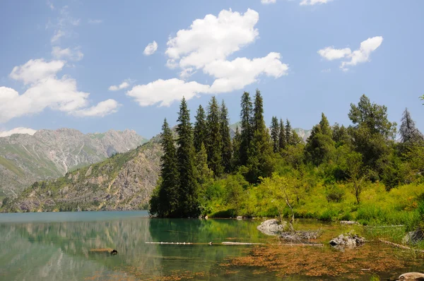 Colorido Lago Sary-Chelek com montanhas, céu e nuvens — Fotografia de Stock