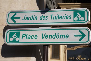 Bike Sign in Paris with Directions to Tuileries Gardens and Vendome Square in Paris, France clipart