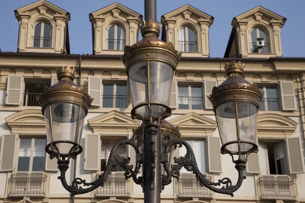 Lamppost Facades Castello Square Turin Italy — Stock Photo, Image