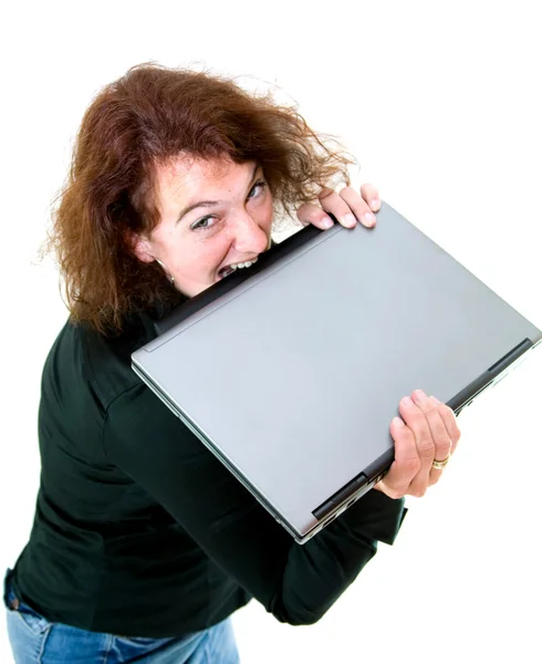 Kauwen op haar laptop. — Stockfoto