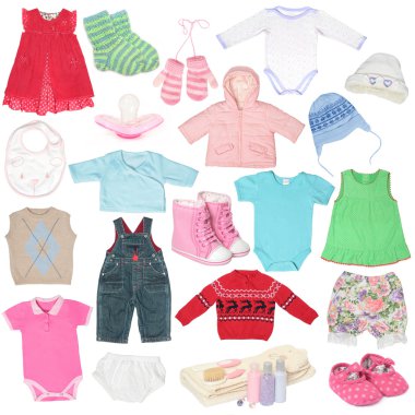 Different child`s clothes, shoes and accessories. clipart