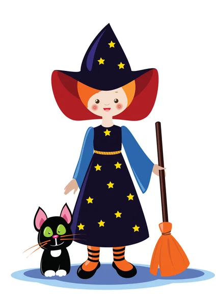 Mała czarownica z kotem — Wektor stockowy