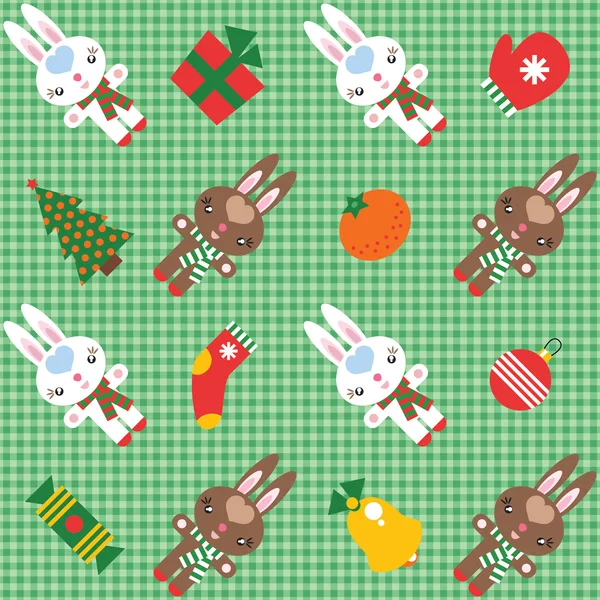 Checked pattern with cute rabbits and christmas decorations — Stock Vector