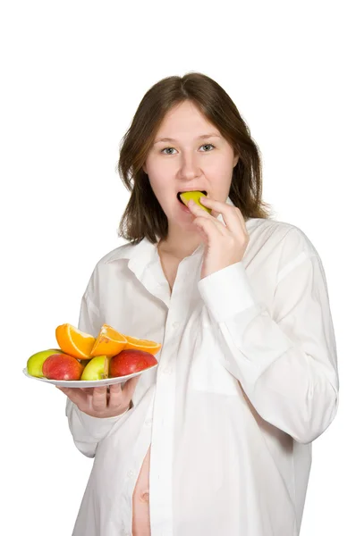 Entzückende Schwangere Frau Isst Gesunde Mahlzeit Über Weiß — Stockfoto